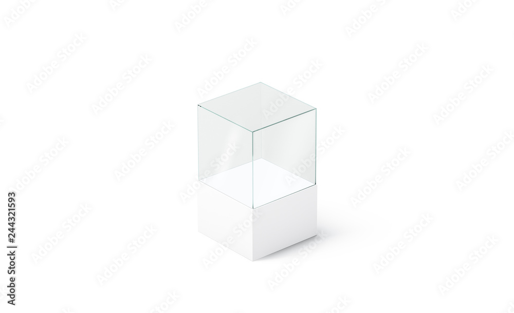 Blank white glass podium cube mockup, isolated, side view, 3d rendering. Empty acryl vitrine mock up. Clear display box for boutique sale or exhibit template. Blank white glass podium cube mockup, isolated, side view, 3d rendering. Empty acryl vitrine mock up. Clear display box for boutique sale or exhibit template.