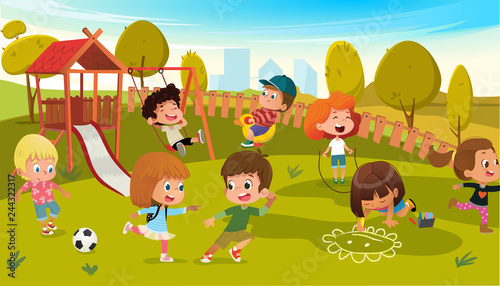 Kids Play Park Playground Vector Illustration. Children Swing Outdoor in Summer School Kindergarten. City Landscape Background. Boy and Girl Cartoon Character Activity Equipment