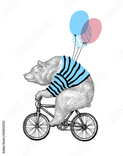 Bear Ride Bicycle Balloon Vector Illustration. Vintage Mascot Cute Grizzly Cycle Bike Isolated on White. Happy Birthday Animal Character Black Sketch. Flat Outline Teddy Grunge Draw
