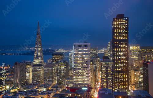 Beautiful view of business center in downtown San Francisco in USA at dusk.