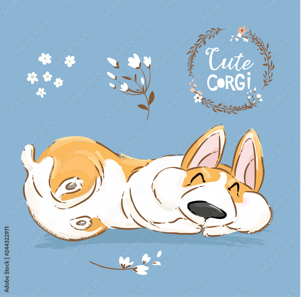 Cute Corgi Dog Puppy Sleep Vector Banner. Welsh Short Fox Pet Character  Rest Pose Poster. Little Cheerful Brown Doggy Series in Flower on Blue  Background Flat Cartoon Print Poster Stock Vector |
