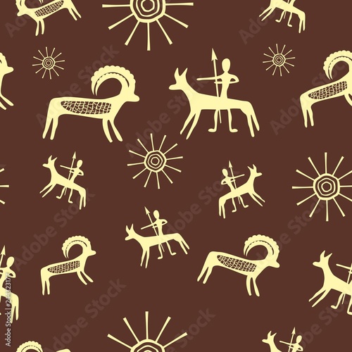 Vector illustration of a set of seamless pattern with petroglyphs