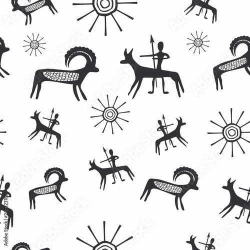 Vector illustration of a set of seamless pattern with petroglyphs
