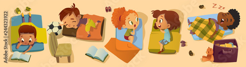 Elementary Class Bedtime Character Illustration. Kindergarten Multiracial Children Nap Time, Girl Friend Gossip. African Little Boy Character Sleep in Bed. Kindergarten Baby Read in Pajama
