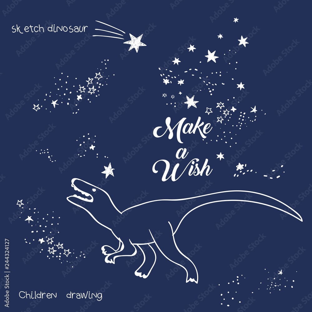 Vector illustration of magic dinosaur constellation, polygonal art, geometric design with hand drawn (with a tablet) stars, lettering make a wish, fashion print for t shirt with celestial star map