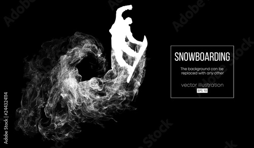 Abstract silhouette of a snowboarder jumping isolated on dark, black background from particles. Snowboarder jumping and performs a trick. Background can be changed to any other. Vector illustration