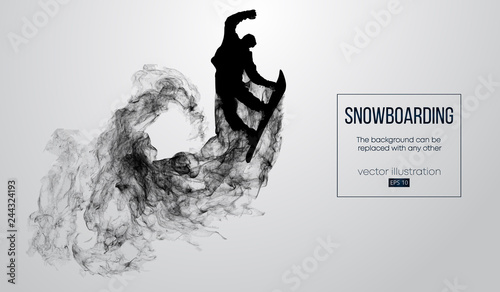 Abstract silhouette of a snowboarder jumping isolated on white background from particles. Snowboarder jumping and performs a trick. Background can be changed to any other. Vector illustration