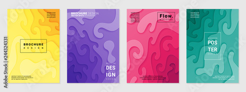 Vector set of cover design template with paper cutting abstract patterns; Modern colorful bright gradient; Realistic carving art; Vector 3d templates; Material design concept.