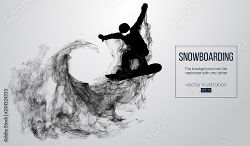Abstract silhouette of a snowboarder jumping isolated on white background from particles. Snowboarder jumping and performs a trick. Background can be changed to any other. Vector illustration