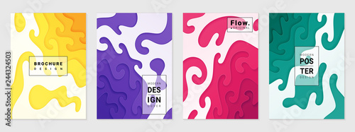 Vector set of cover design template with paper cutting abstract patterns; Modern colorful bright gradient; Realistic carving art; Vector 3d templates; Material design concept.