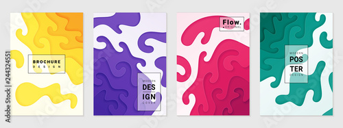 Vector set of cover design template with paper cutting abstract patterns; Modern colorful bright gradient; Realistic carving art; Vector 3d templates; Material design concept.