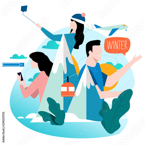 Traveling, winter landscape with people flat vector illustration design. Travel concept for mobile and web graphics  