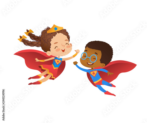 Superhero Friend Character Costume Illustration. Cheerful African Boy and European Caucasian Girl wear Funny Costume for Kindergarten Party. Happy Baby Isolated Set Flat Cartoon Vector Design