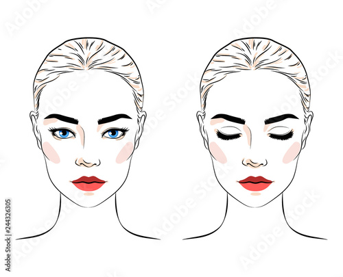 Set of beautiful woman with bun hairstyle and elegant makeup, attractive girl with blue eyes, makeup artist blog logo, line sketch style vector illustration isolated on white background