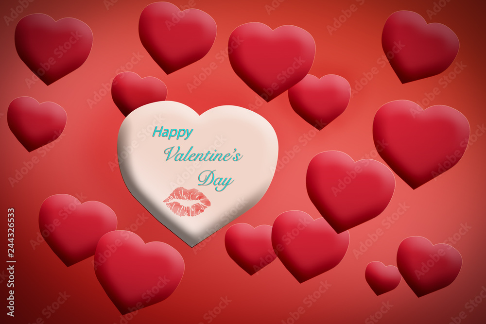 happy valentine's day card with hearts and lips on red background