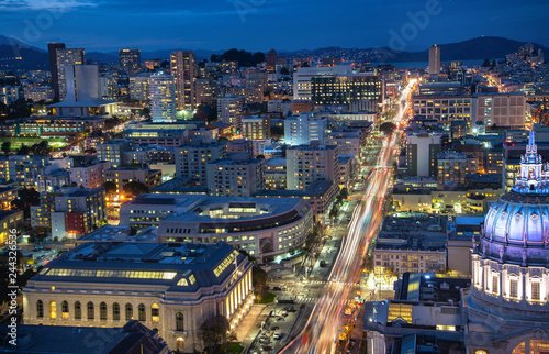 Beautiful view of business center in downtown San Francisco in USA at dusk.