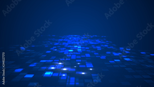 Abstract blue flashing rectangle grid flowing perspective background. Information technology graphic illustration concept.