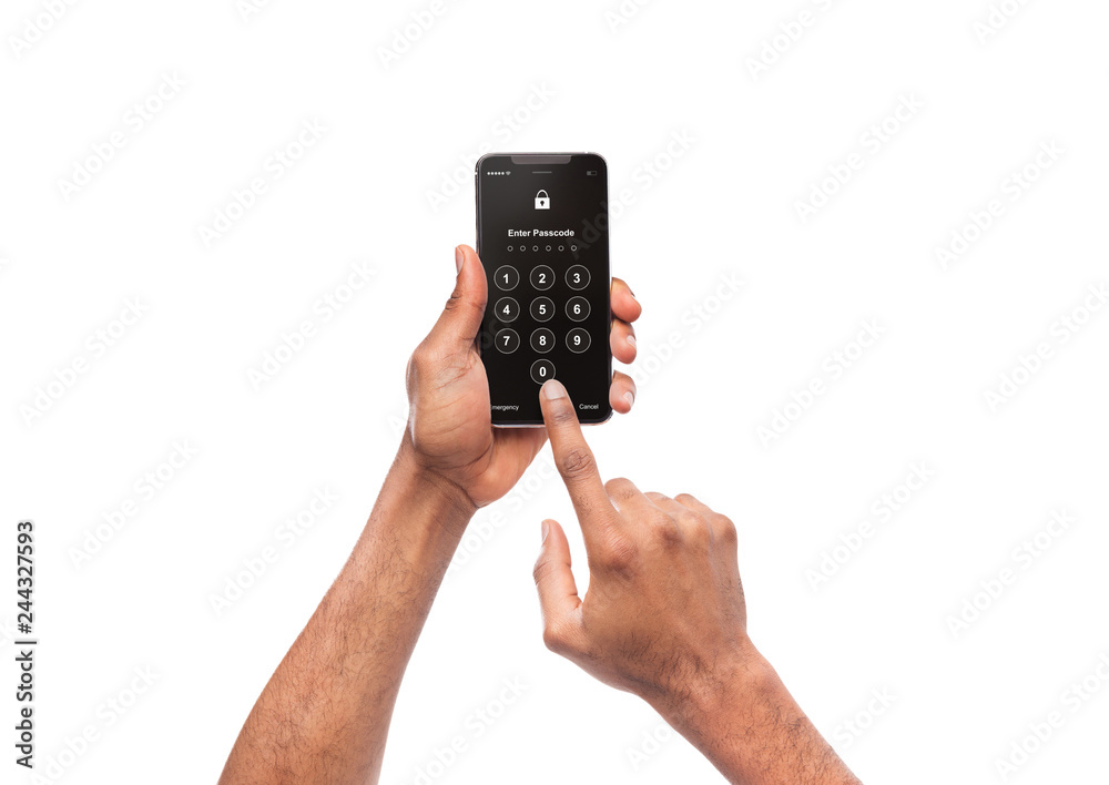 Man holding modern mobile smartphone with login form Man holding modern mobile smartphone with login form