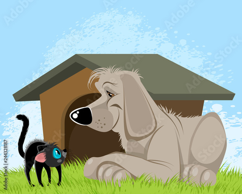 Small kitten and big dog