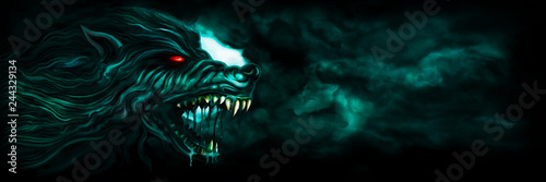 Banner with a werewolf / Horror background with a roaring werewolf and the moon in the night sky