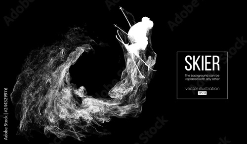 Abstract silhouette of a skier isolated on dark, black background from particles, dust, smoke, steam. Skier jumping and performs a trick. Background can be changed to any other. Vector illustration