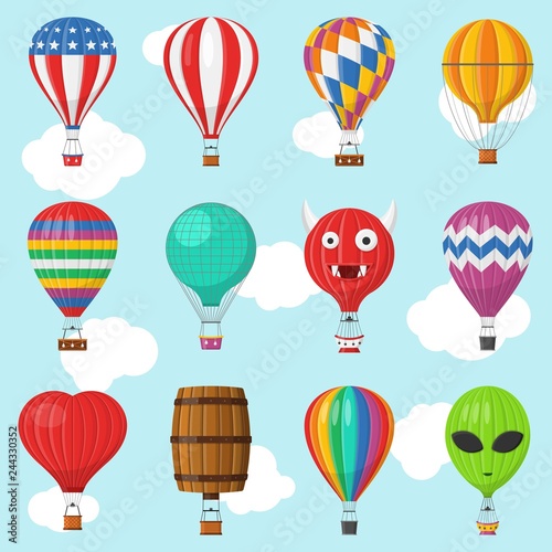 Aerostat Balloon transport with basket set flying in sky, Cartoon air-balloon different shapes ballooning adventure flight, ballooned traveling flying toy, Vector illustration