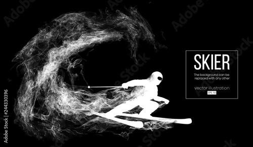 Abstract silhouette of a skier on dark, black background from particles, dust, smoke, steam. Skier carving and performs a trick. Background can be changed to any other. Vector illustration