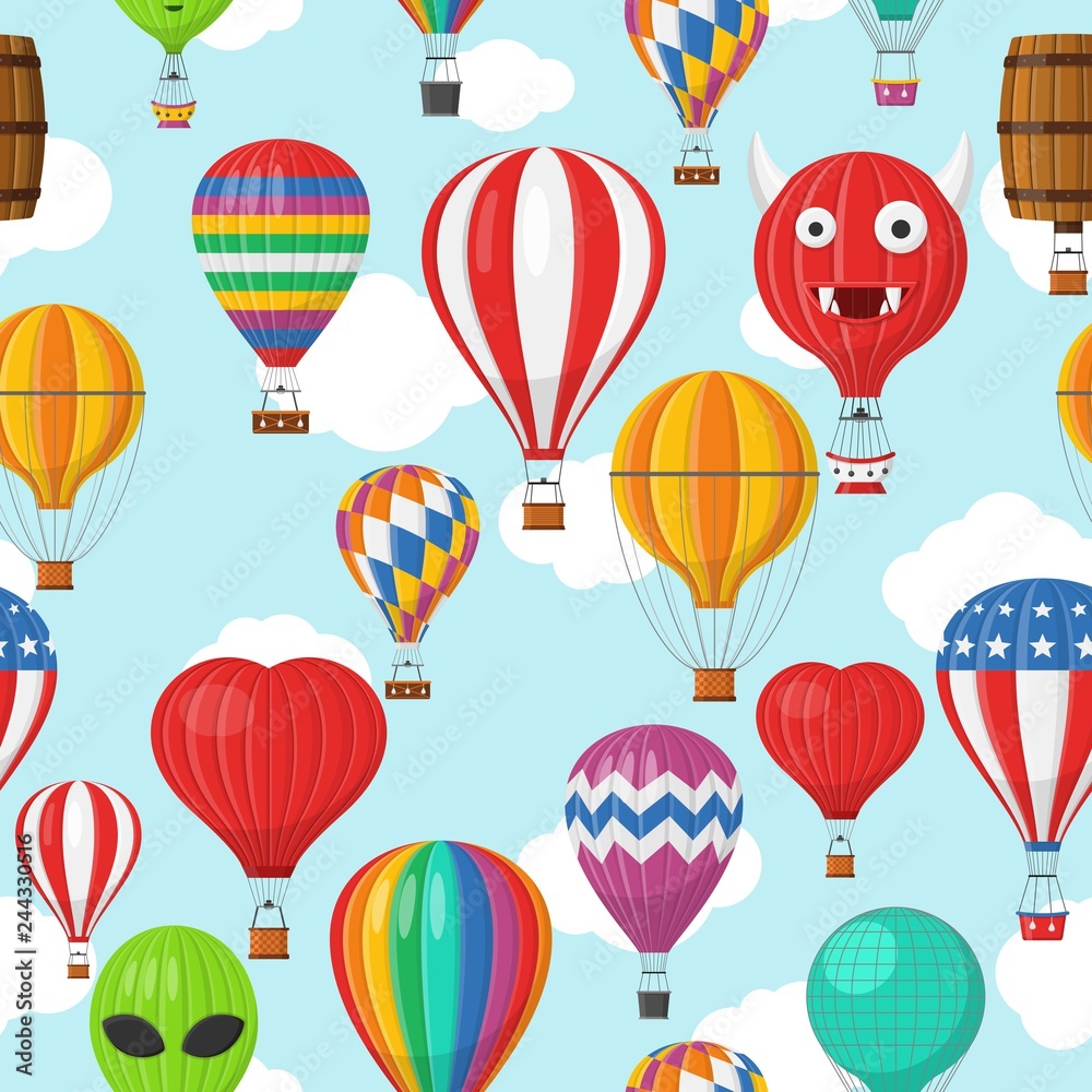 Aerostat Balloon transport with basket and clouds flying in blue sky Seamless Pattern, Cartoon air-balloon different shapes ballooning adventure flight, ballooned traveling flying, Background Vector