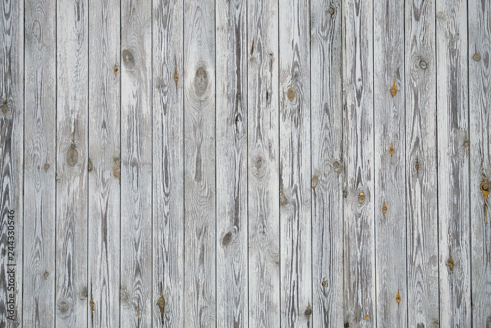 Naklejka premium Background texture of old grey painted wooden lining boards wall. Vertical wooden texture.