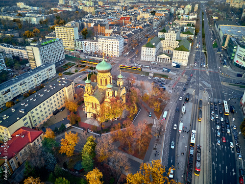 Beautiful panoramic aerial view to Cathedral of St. Mary Magdalene, Warsaw from dron DJI Mavic Air photo