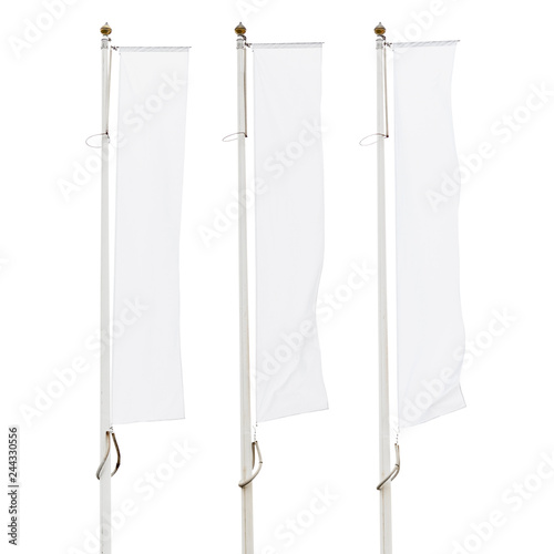 Three blank white flags on flagpoles isolated on white background, corporate flag mockup to ad logo, text or symbol, company identity flag template with copy space