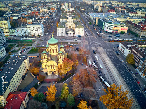Beautiful panoramic aerial view to Cathedral of St. Mary Magdalene, Warsaw from dron DJI Mavic Air