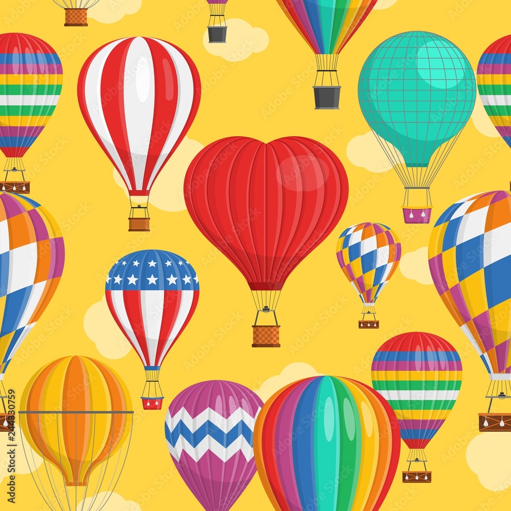 Aerostat Balloon transport with basket and clouds flying in evening sky Seamless Pattern Cartoon air-balloon different shapes ballooning adventure flight, ballooned traveling flying, Background Vector