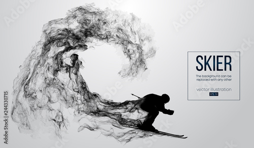 Abstract silhouette of a skier isolated on white background from particles, dust, smoke, steam. Skier carving and performs a trick. Background can be changed to any other. Vector illustration