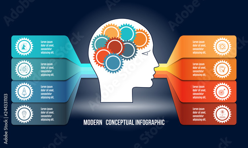 Infographic with gears in men head, and colorfull strips. Template with 8 options used to intelligence concept and other conceptual variants