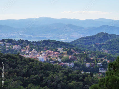 Panorama of Barcelona city from Tibidabo, Catalonia, Spain. Scenic and beautiful panoramic view. No people. Vivid colors. Stylized quality. © Oxana