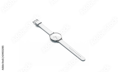 Blank white lying watch with wristlet mockup, isolated, 3d rendering. Empty timer bracelet mock up, side view. Clear quartz horologe with band template. © Alexandr Bognat