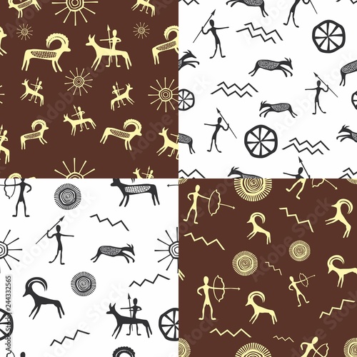 Vector illustration of a set of seamless pattern with petroglyphs