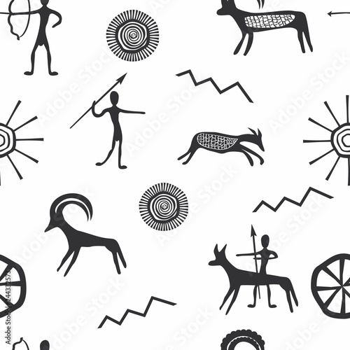 Vector illustration of a set of seamless pattern with petroglyphs