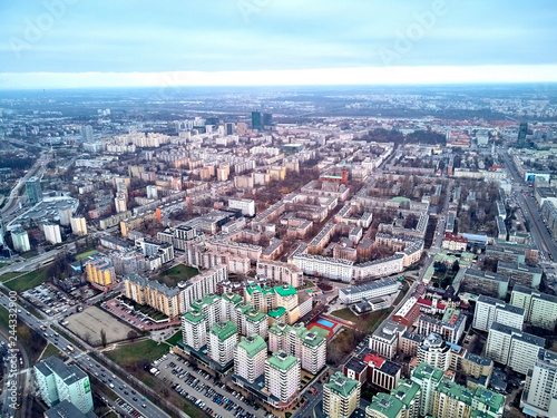 WARSAW  POLAND - NOVEMBER 21  2018  Beautiful panoramic aerial skyline drone view to the skyscrapers located center of Warsaw City  Poland
