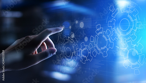 Gears mechanism on virtual screen. Automation and business process flow. Business and technology concept.