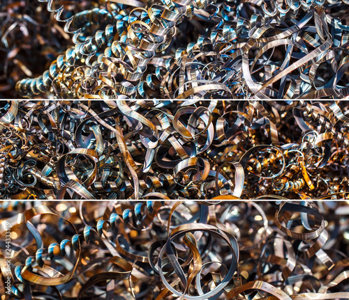 collage of Closeup twisted spiral steel shavings.