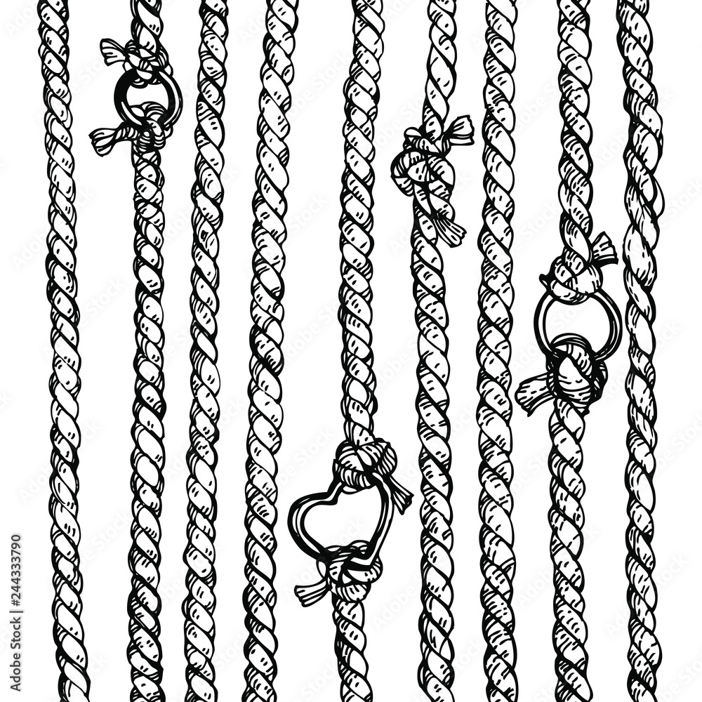 Hand drawn vector illustration of twisted ropes, knots, metal rings and buckles Stock Vector