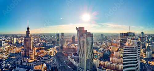 WARSAW, POLAND - NOVEMBER 20, 2018: Beautiful panoramic aerial drone view to the center of Warsaw City and Palace of Culture and Science - a notable high-rise building in Warsaw, Poland © udmurd