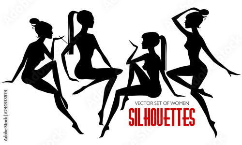 Set of 4 sitting women silhouettes. Vector isolated illustration.