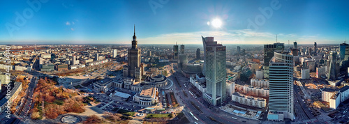 WARSAW, POLAND - NOVEMBER 20, 2018: Beautiful panoramic aerial drone view to the center of Warsaw City and Palace of Culture and Science - a notable high-rise building in Warsaw, Poland photo