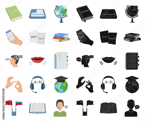 Translator and linguist cartoon,black icons in set collection for design. Interpreter vector symbol stock web illustration.