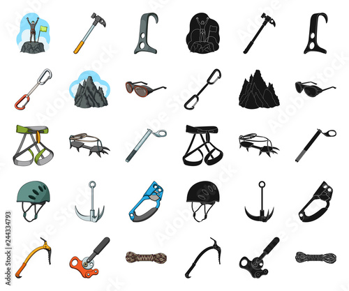 Mountaineering and climbing cartoon,black icons in set collection for design. Equipment and accessories vector symbol stock web illustration.