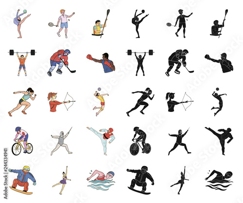 Different kinds of sports cartoon,black icons in set collection for design. Athlete, competitions vector symbol stock web illustration.