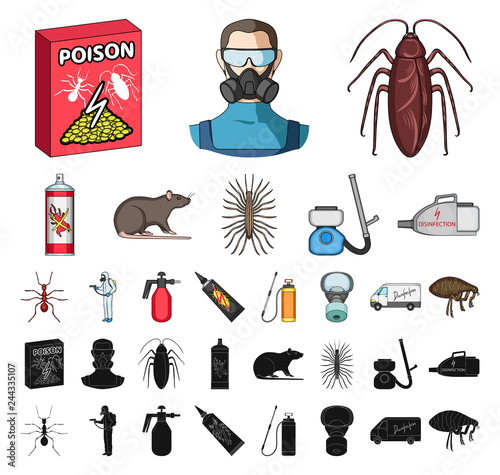 Pest, poison, personnel and equipment cartoon, black icons in set collection for design. Pest control service vector symbol stock web illustration.